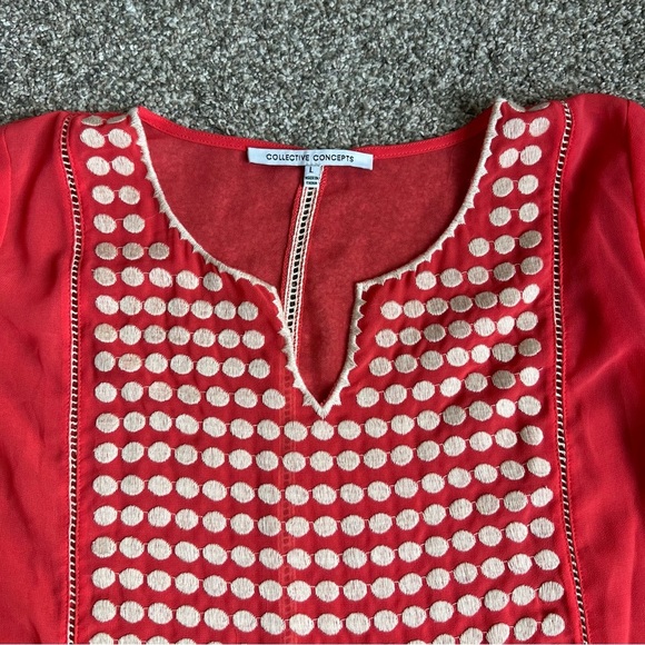 Collective Concepts Sheer Coral Blouse White Embroidered Polka Dots, Size Large - Picture 2 of 9